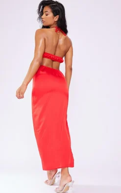 Red Satin Strappy Cut Out Midaxi Dress