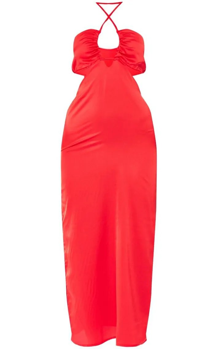 Red Satin Strappy Cut Out Midaxi Dress