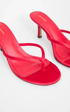 Red Satin Toe Thong Round Toe Mid Heeled Mules