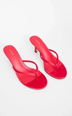 Red Satin Toe Thong Round Toe Mid Heeled Mules
