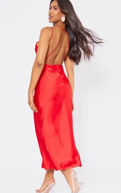 Red Satin V Neck Slip Dress