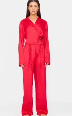 Red Satin Wrap Cropped Long Pj Set