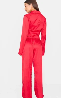 Red Satin Wrap Cropped Long Pj Set