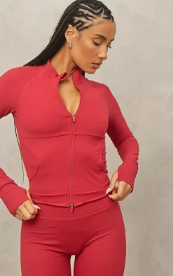 Red Sculpt Pocket Front Double Zip Up Jacket