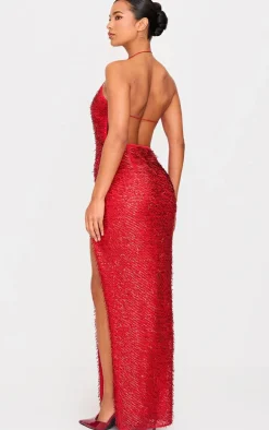 Red Sequin Cut Out Maxi Dress