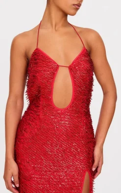 Red Sequin Cut Out Maxi Dress
