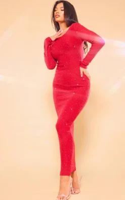 Red Sequin Knitted Lace Back Maxi Dress