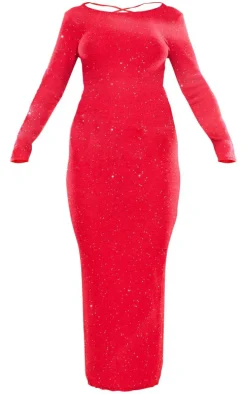 Red Sequin Knitted Lace Back Maxi Dress