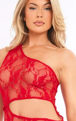 Red Sheer Lace One Shoulder Multi Cut Out Midaxi Dress