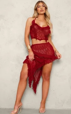 Red Sheer Textured Ruffle Asymmetric Mini Skirt