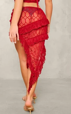 Red Sheer Textured Ruffle Asymmetric Mini Skirt
