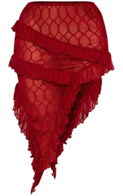 Red Sheer Textured Ruffle Asymmetric Mini Skirt