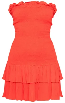 Red Shirred Bandeau Bodycon Dress