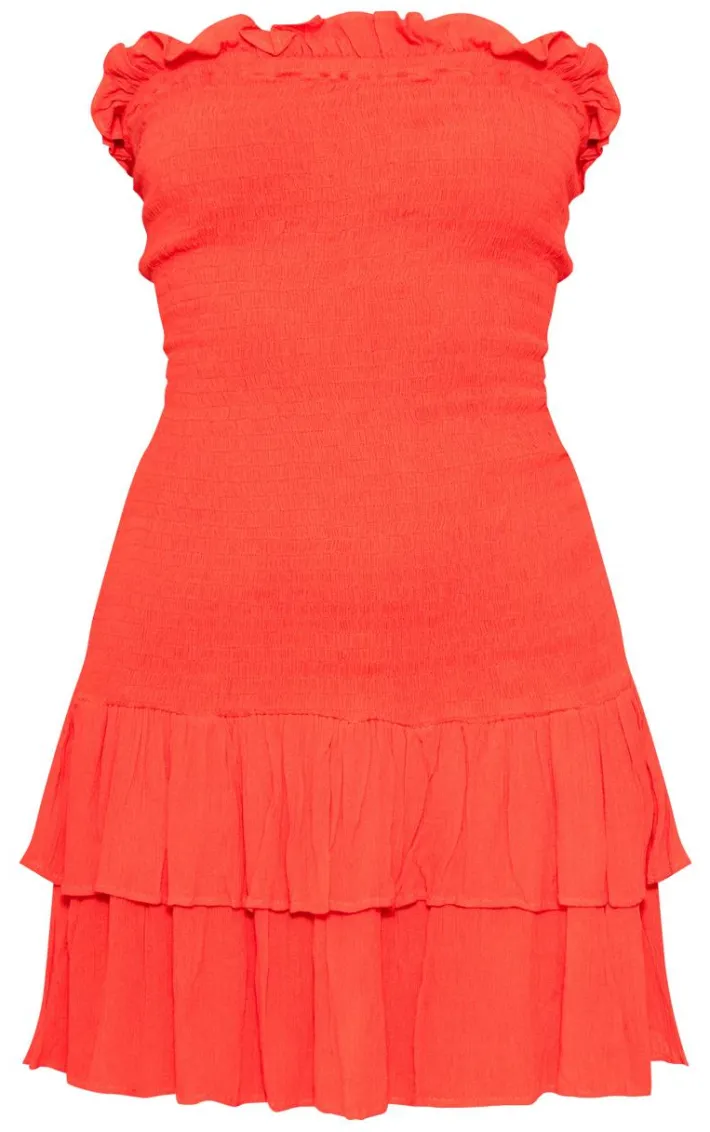 Red Shirred Bandeau Bodycon Dress