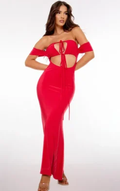 Red Sleeve Detail Double Layer Slinky Maxi Dress