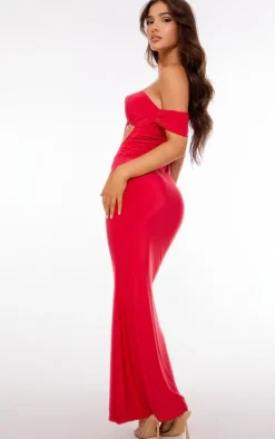 Red Sleeve Detail Double Layer Slinky Maxi Dress
