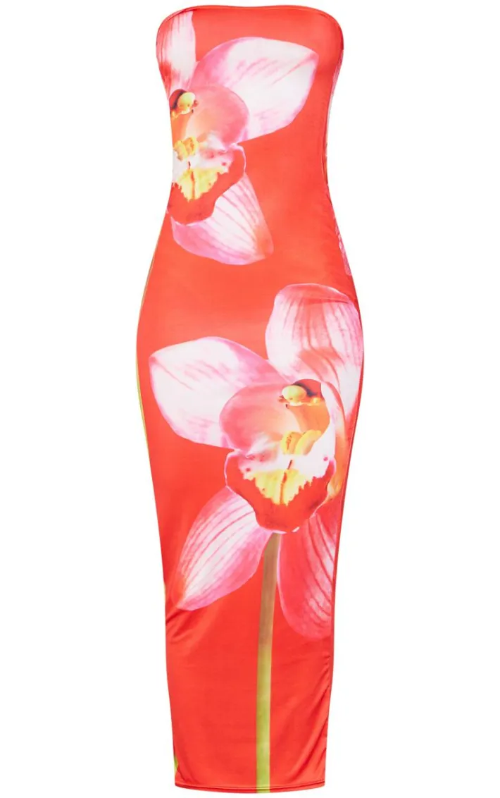 Red Slinky Bandeau Large Floral Print Midaxi Dress