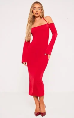 Red Slinky Bardot Tie Neck Midi Dress