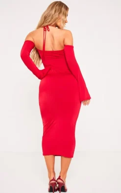 Red Slinky Bardot Tie Neck Midi Dress