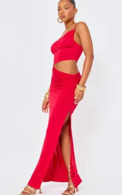 Red Slinky Cowl Side Cut Out Detail Strappy Maxi Dress