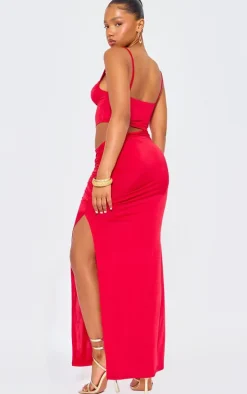 Red Slinky Cowl Side Cut Out Detail Strappy Maxi Dress