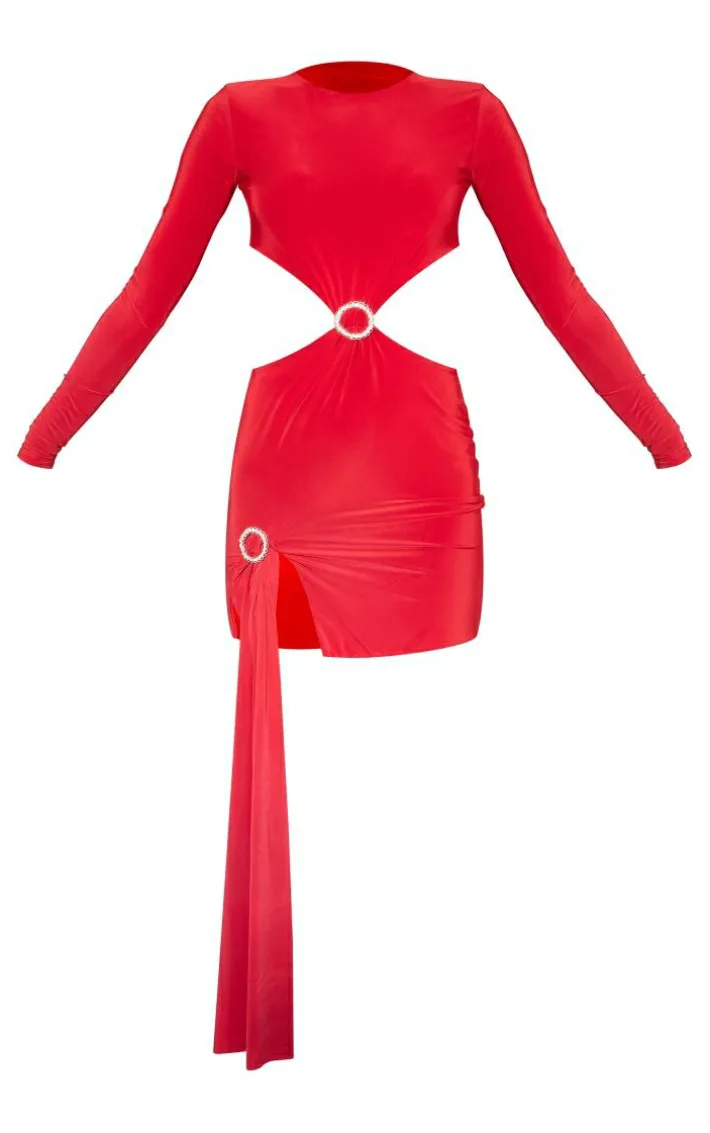 Red Slinky Cut Out Diamante Trim Draped Mini Dress