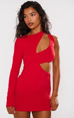 Red Slinky Extreme Cut Out One Sleeve Mini Dress