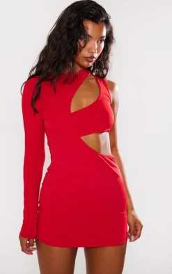 Red Slinky Extreme Cut Out One Sleeve Mini Dress