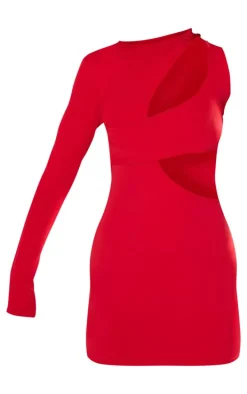 Red Slinky Extreme Cut Out One Sleeve Mini Dress