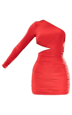 Red Slinky One Shoulder Waist Cut Out Ruched Bodycon