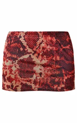 Red Snake Printed Lined Mesh Mini Skirt