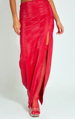 Red Snakeskin Matte Vinyl Extreme Split Midaxi Skirt