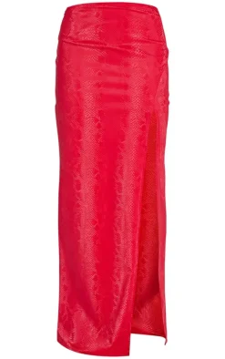Red Snakeskin Matte Vinyl Extreme Split Midaxi Skirt