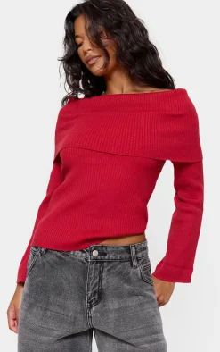 Red Soft Rib Knit Bardot Foldover Long Sleeve Top