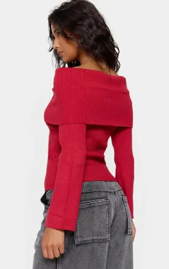 Red Soft Rib Knit Bardot Foldover Long Sleeve Top