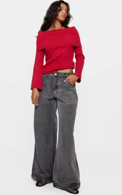 Red Soft Rib Knit Bardot Foldover Long Sleeve Top