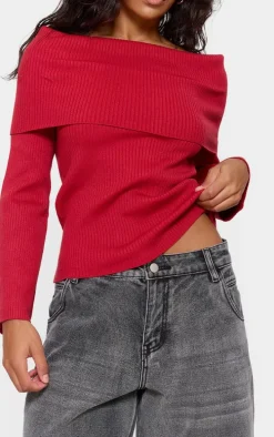 Red Soft Rib Knit Bardot Foldover Long Sleeve Top