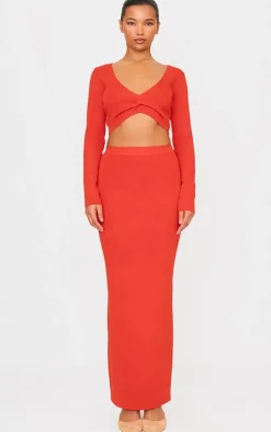 Red Soft Rib Knit Twist Front Long Sleeve Top