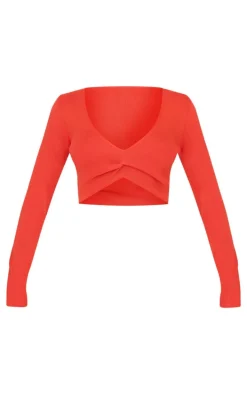 Red Soft Rib Knit Twist Front Long Sleeve Top