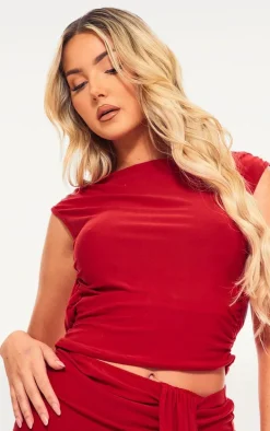Red Soft Touch Backless Side Ruched Top
