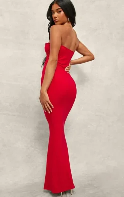 Red Soft Touch Plunge Trim Detail Bandeau Maxi Dress
