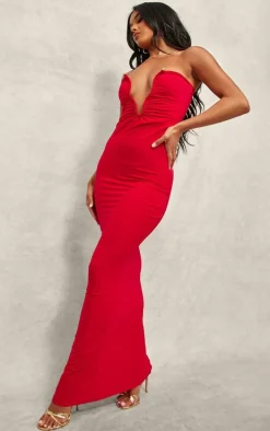 Red Soft Touch Plunge Trim Detail Bandeau Maxi Dress