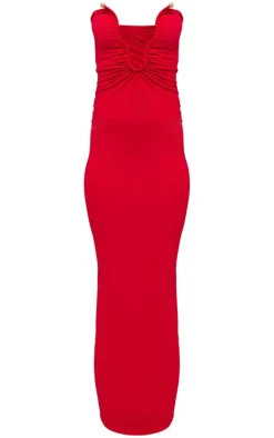 Red Soft Touch Plunge Trim Detail Bandeau Maxi Dress