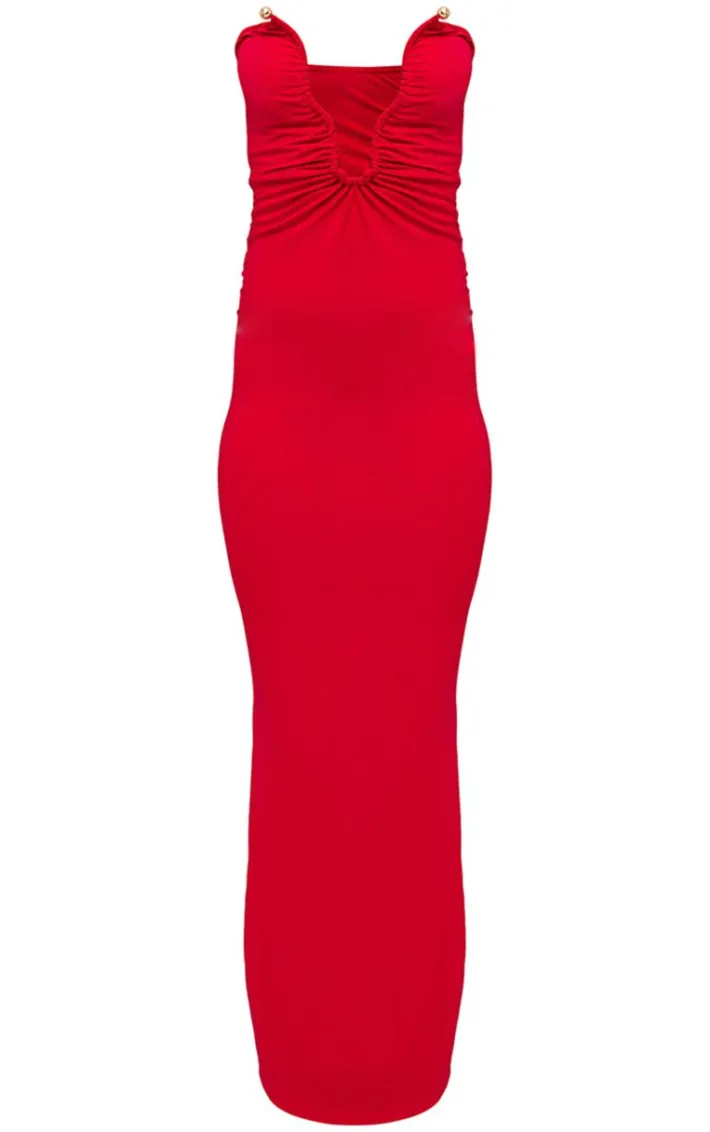 Red Soft Touch Plunge Trim Detail Bandeau Maxi Dress