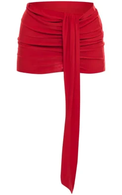 Red Soft Touch Ruched Drape Front Mini Skirt