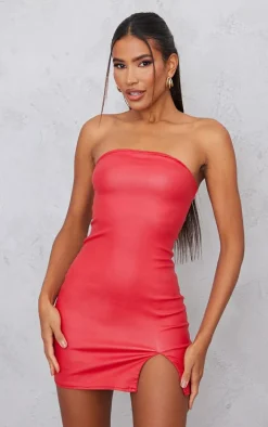 Red Split Hem Coated Denim Mini Dress