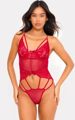 Red Strapping Detail Lace Bodysuit