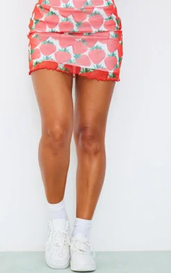 Red Strawberry Printed Lined Mesh Lettuce Hem Mini Skirt