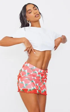 Red Strawberry Printed Lined Mesh Lettuce Hem Mini Skirt