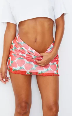 Red Strawberry Printed Lined Mesh Lettuce Hem Mini Skirt